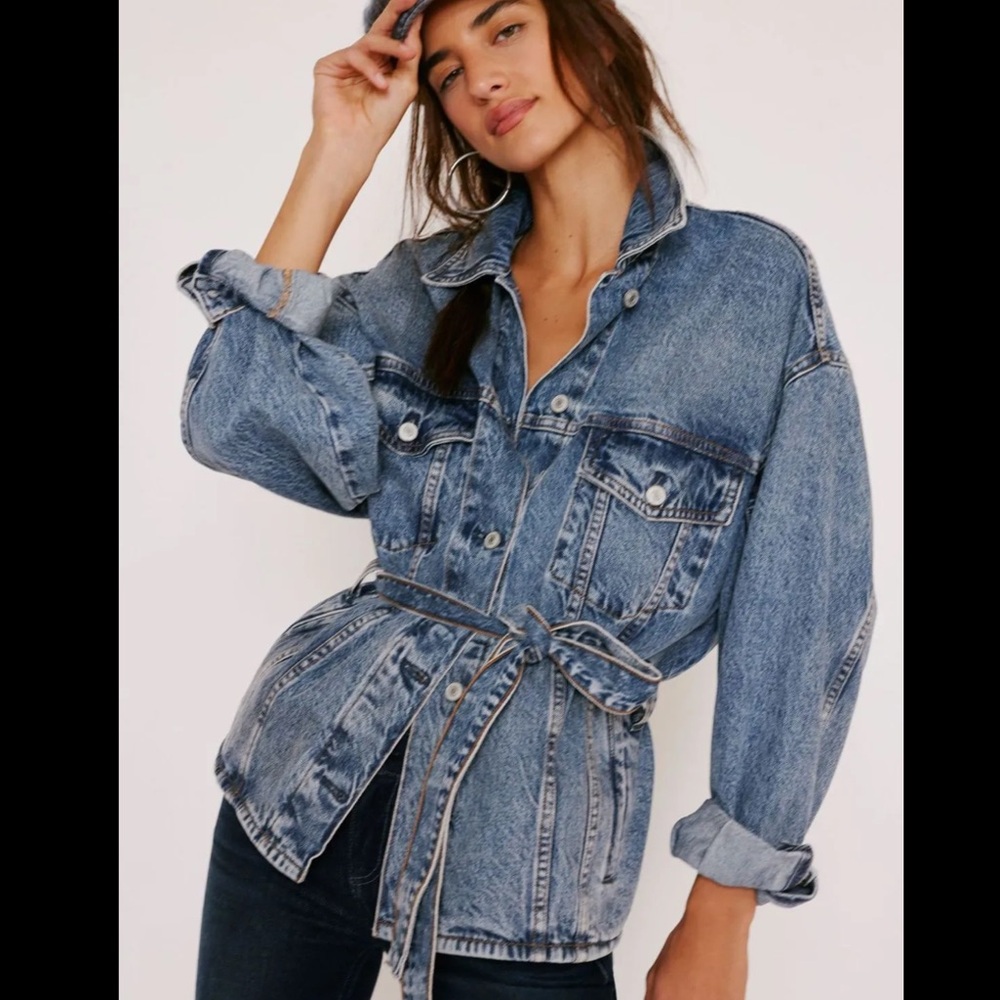 Free People Washed Blue Denim Belted Jacket